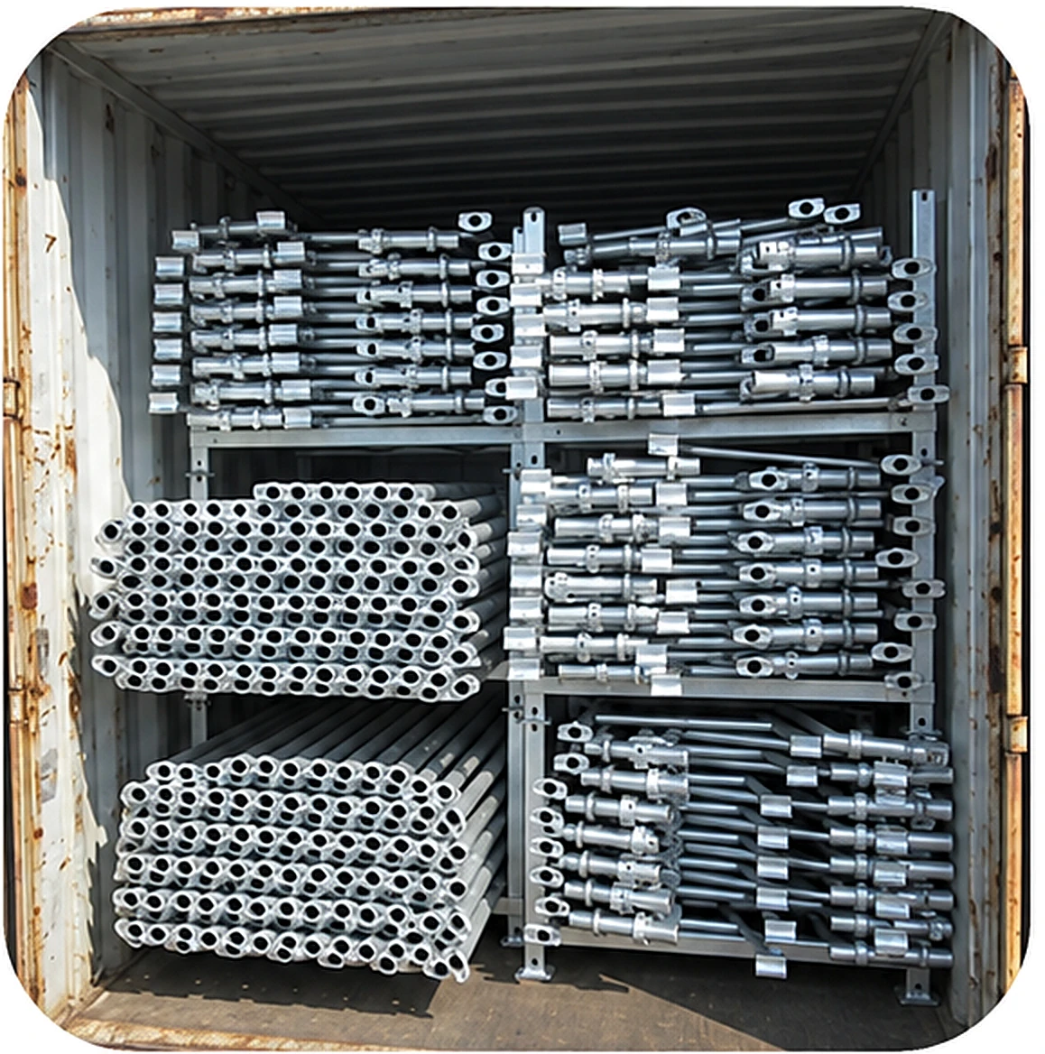 Cuplock components arranged inside a shipping container