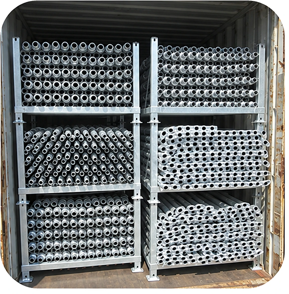 Cuplock standards secured in a container frame