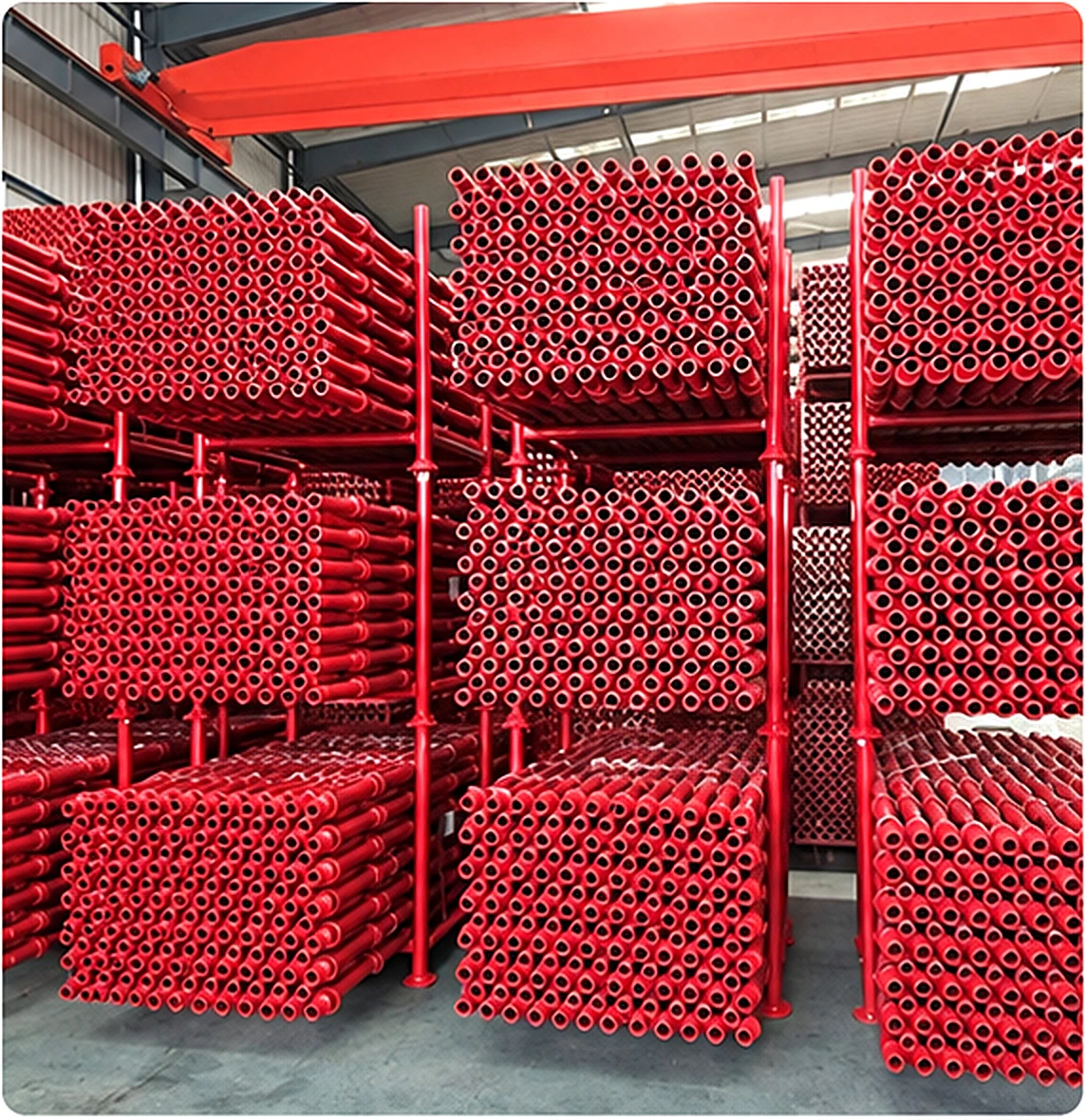 Powder-coated components stacked in the warehouse