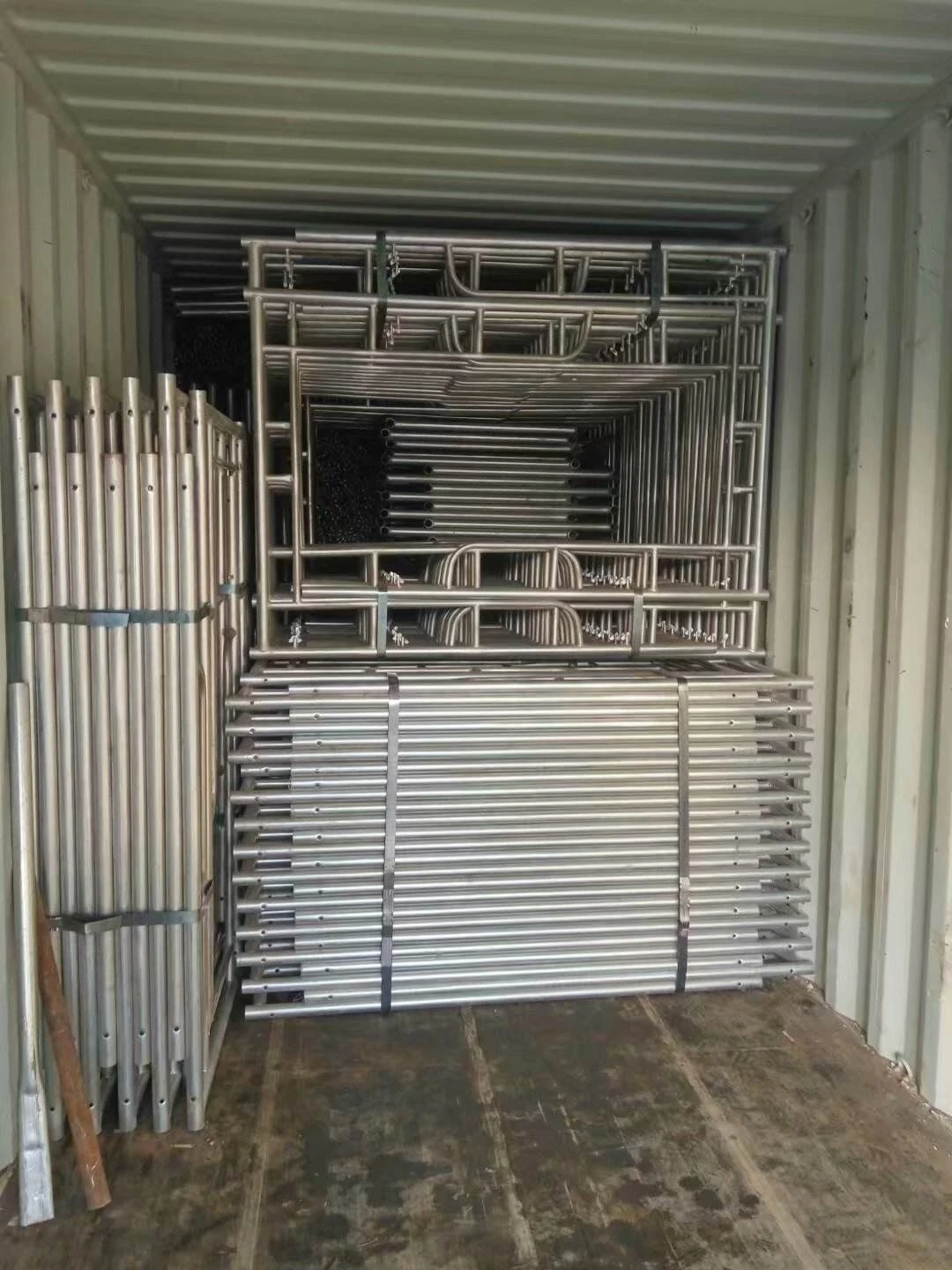 Galvanized frame scaffold components loaded in a shipping container