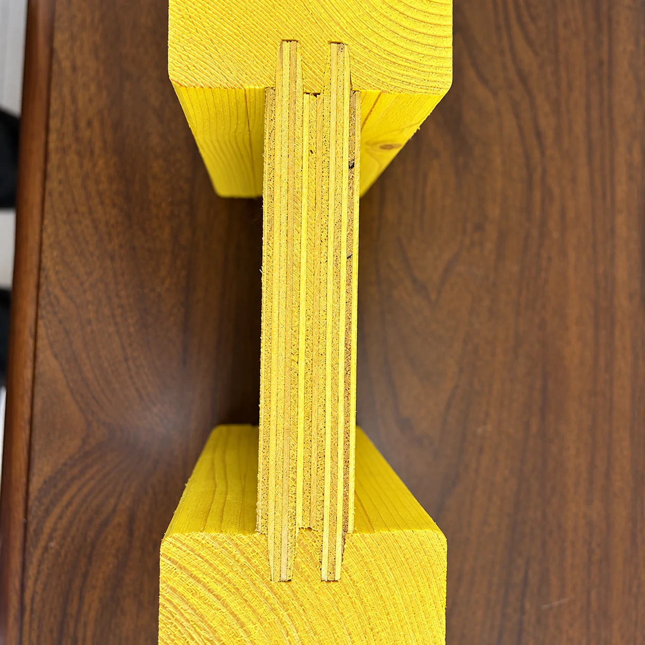Close-up of the H20 timber flange and laminated web