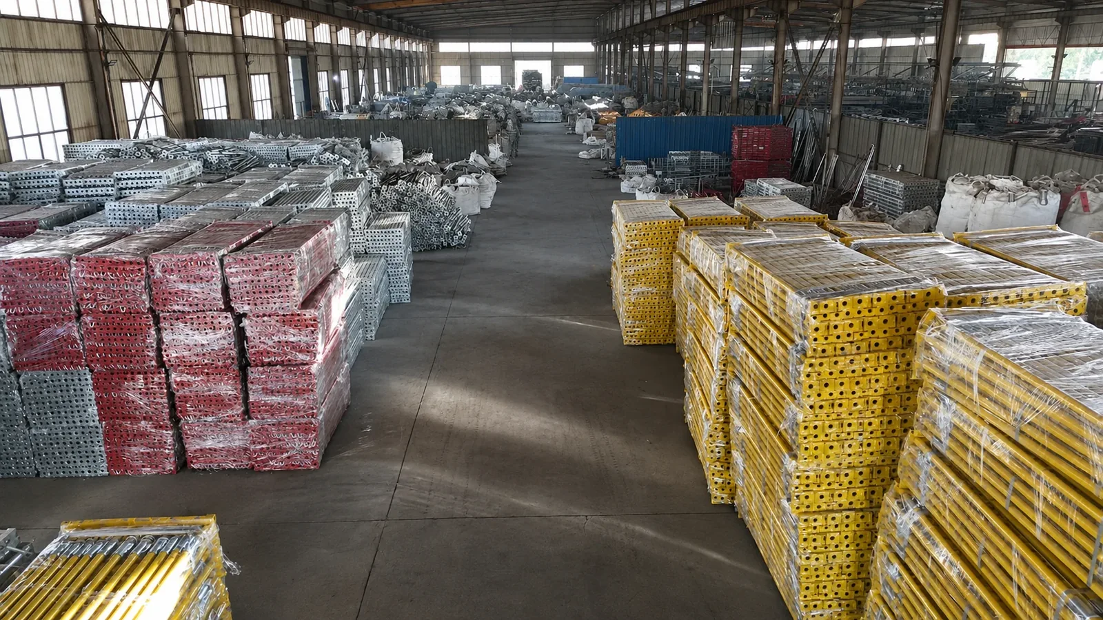 Finished Nuohong scaffolding and steel prop inventory inside the factory warehouse
