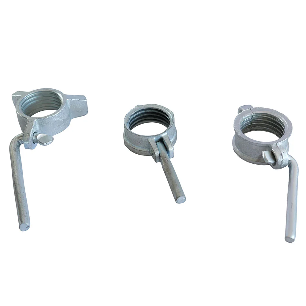 Three steel-prop adjustment nuts with operating handles on a white background