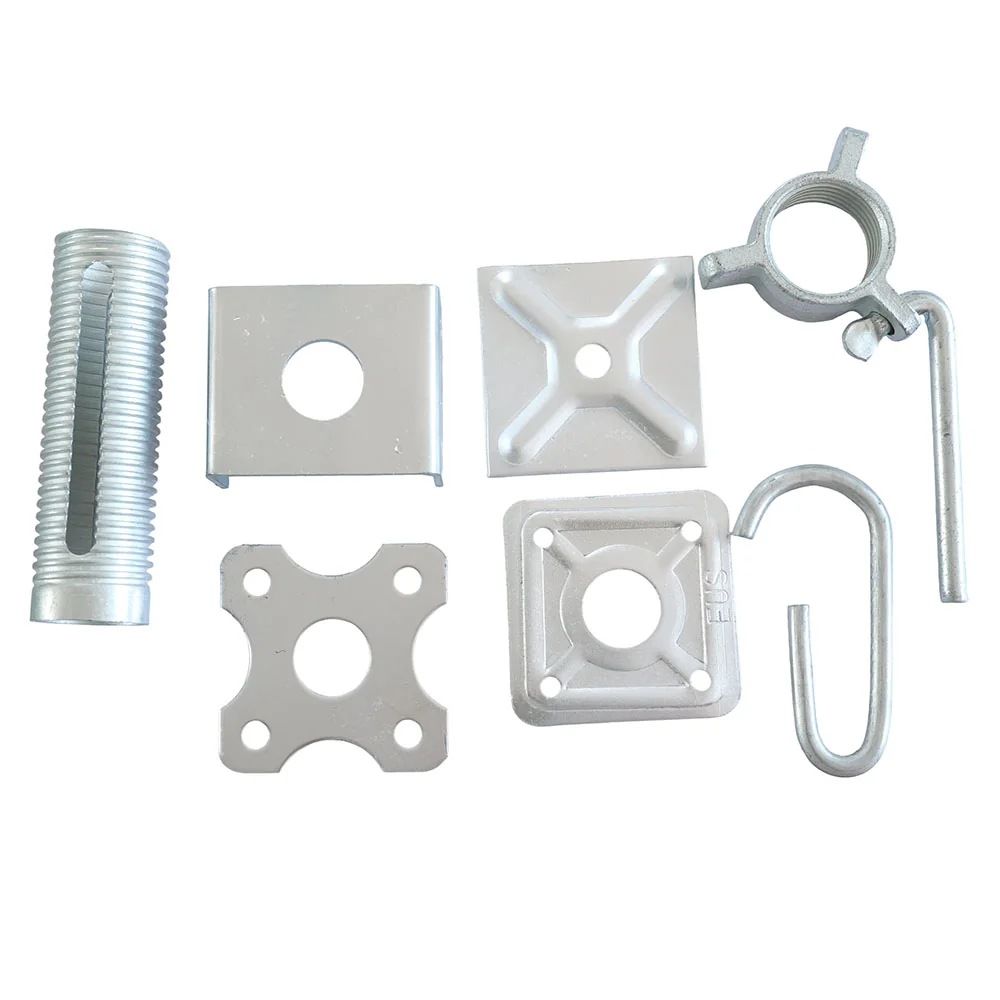 Steel prop adjustment sleeve, plates, nut and U-shaped pin on a white background
