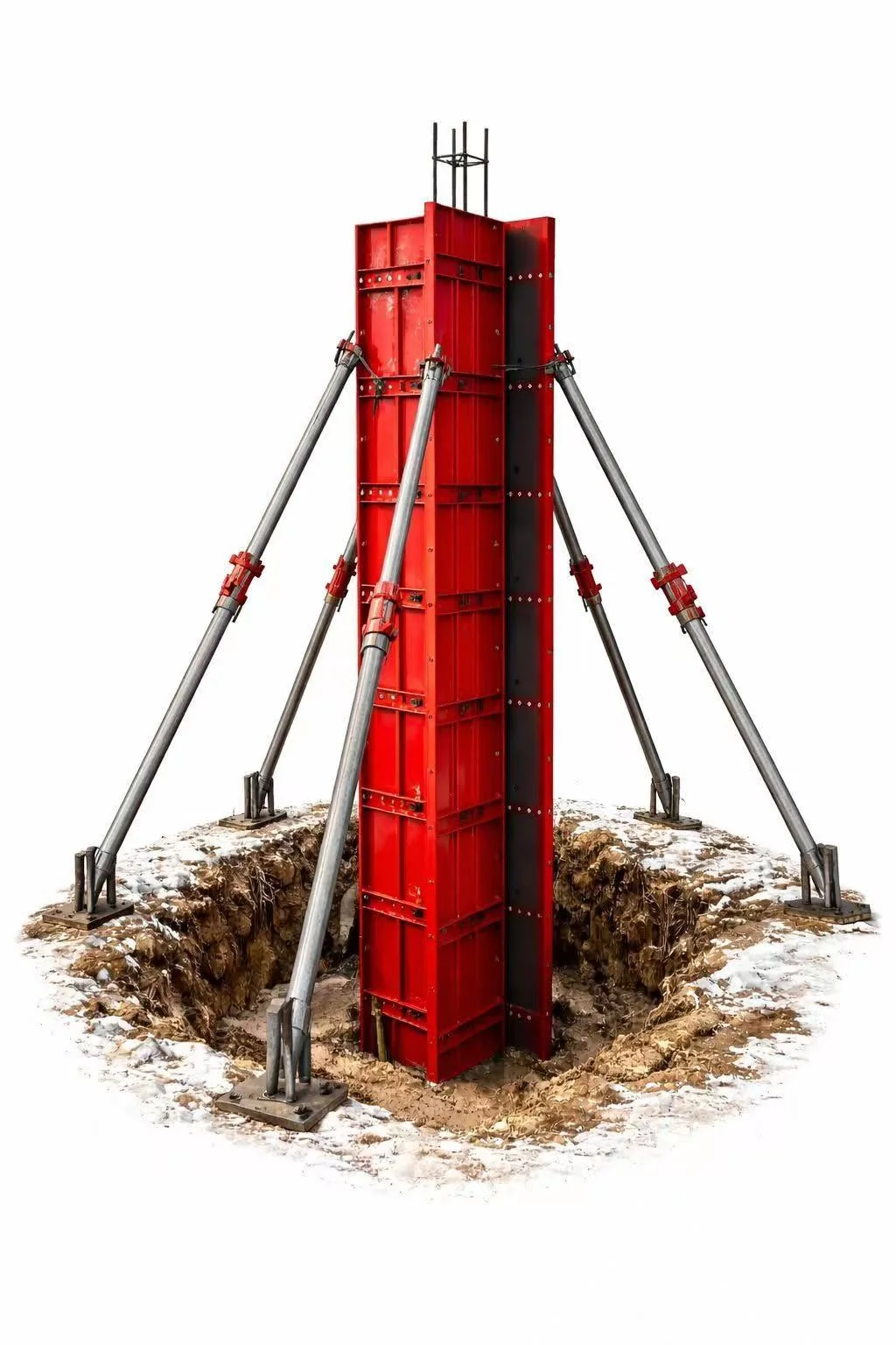 Assembled red flat steel formwork supported by adjustable braces