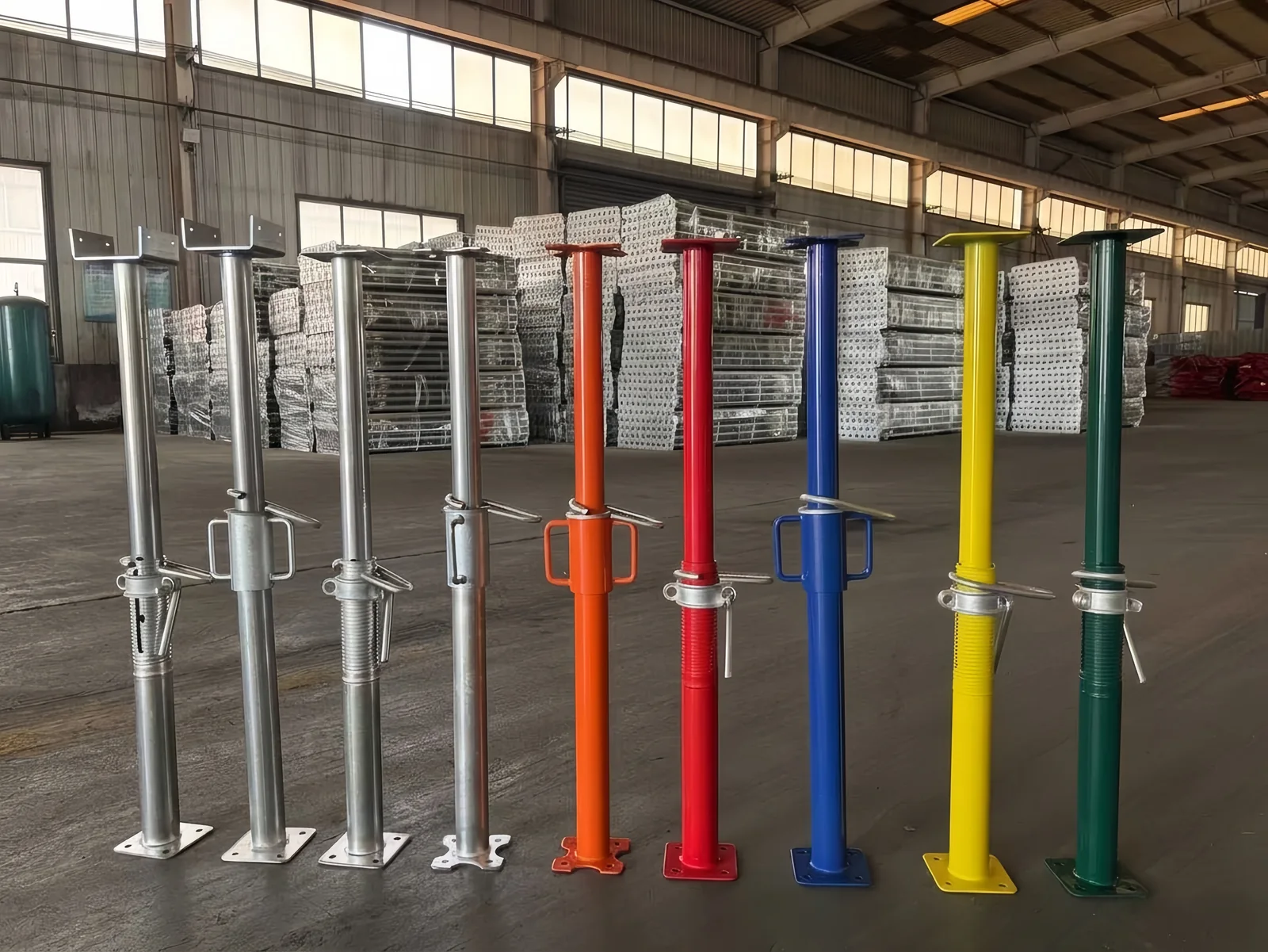 Adjustable steel prop product range arranged inside the factory