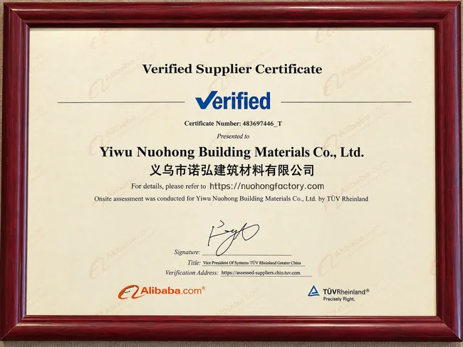 Alibaba.com Verified Supplier certificate for Yiwu Nuohong, showing TÜV Rheinland on-site assessment
