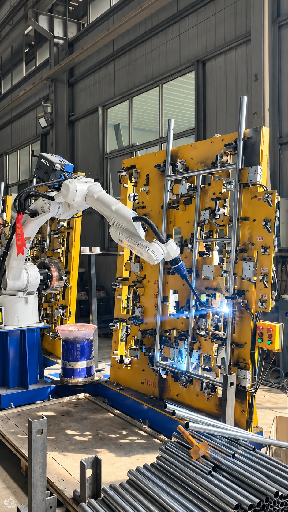 Robotic scaffold-component welding with dedicated production fixtures