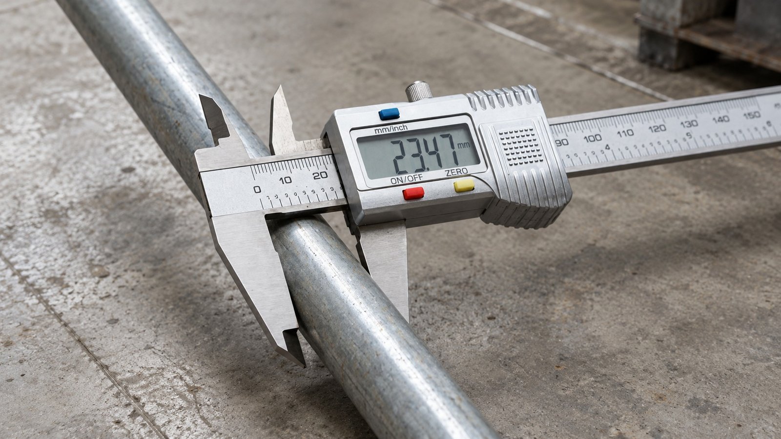 Digital caliper measuring scaffold tube outside diameter