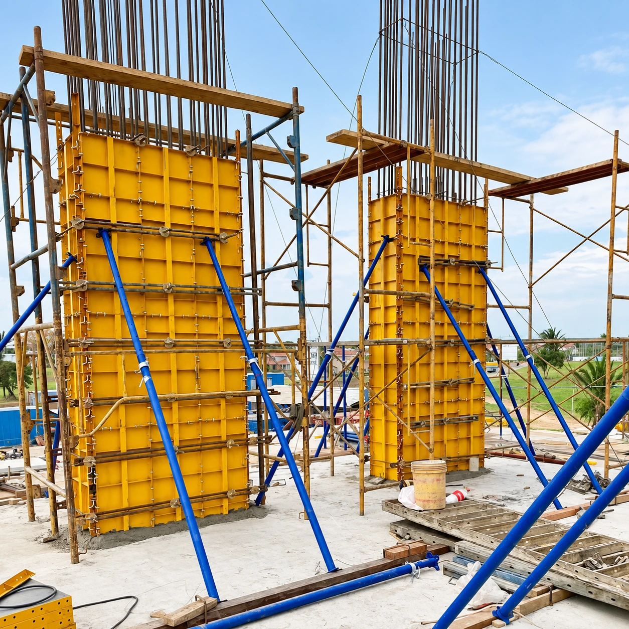 Yellow column formwork supported by adjustable blue push-pull props