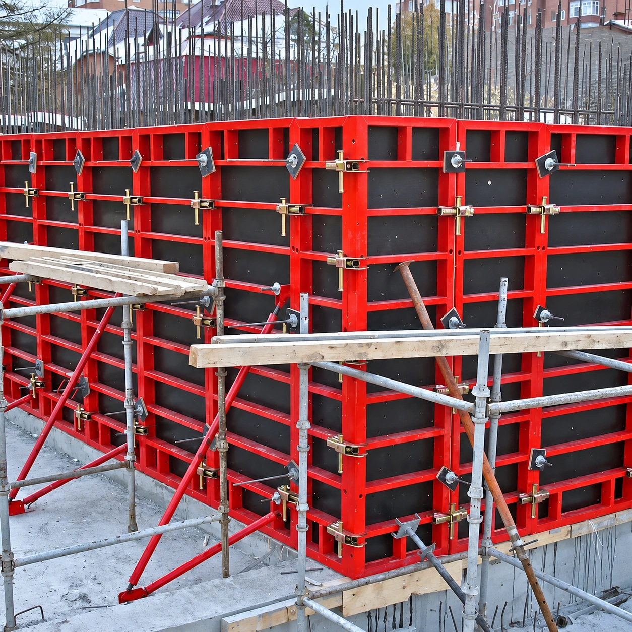 Framed wall formwork with ties and alignment supports