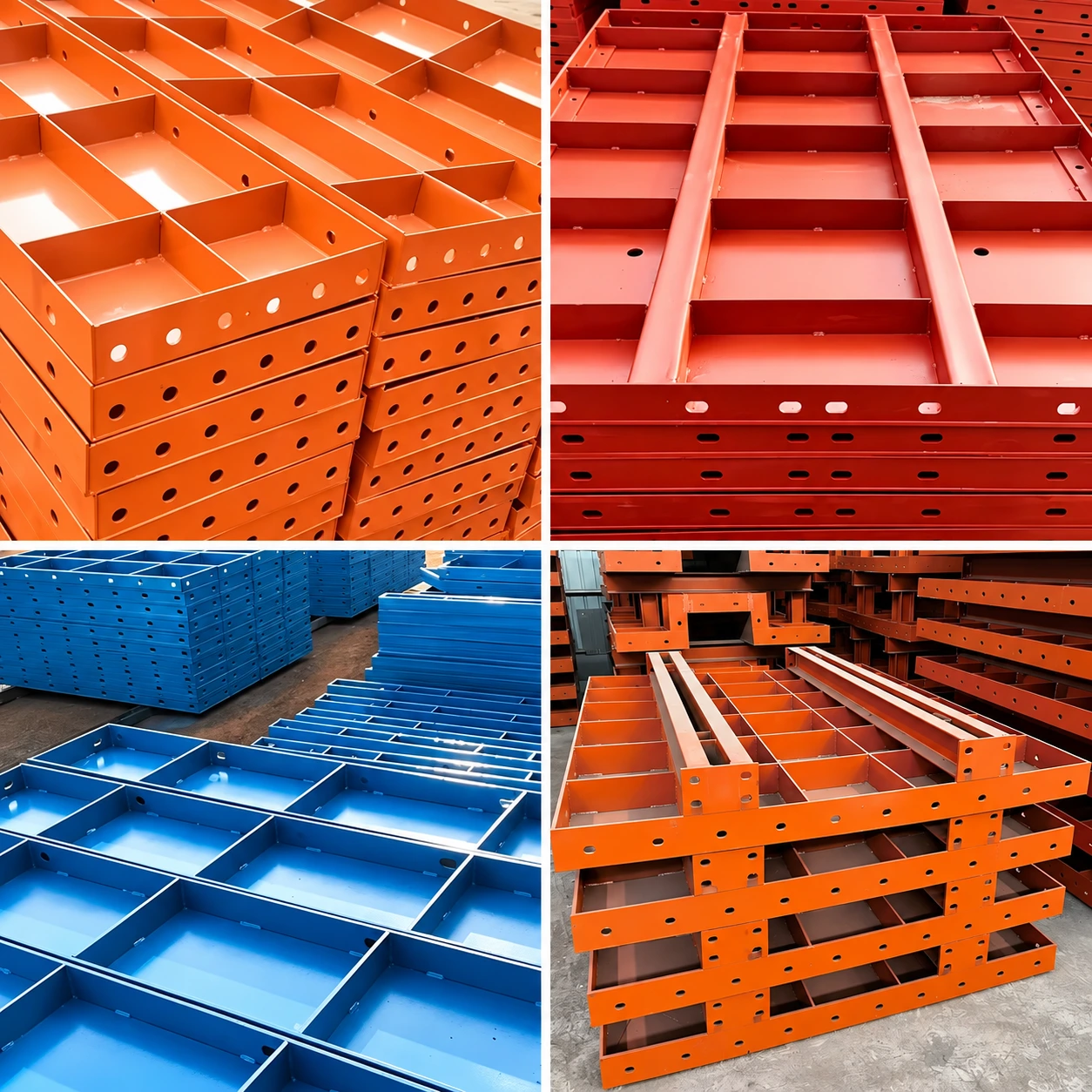 Orange red and blue steel panel configurations