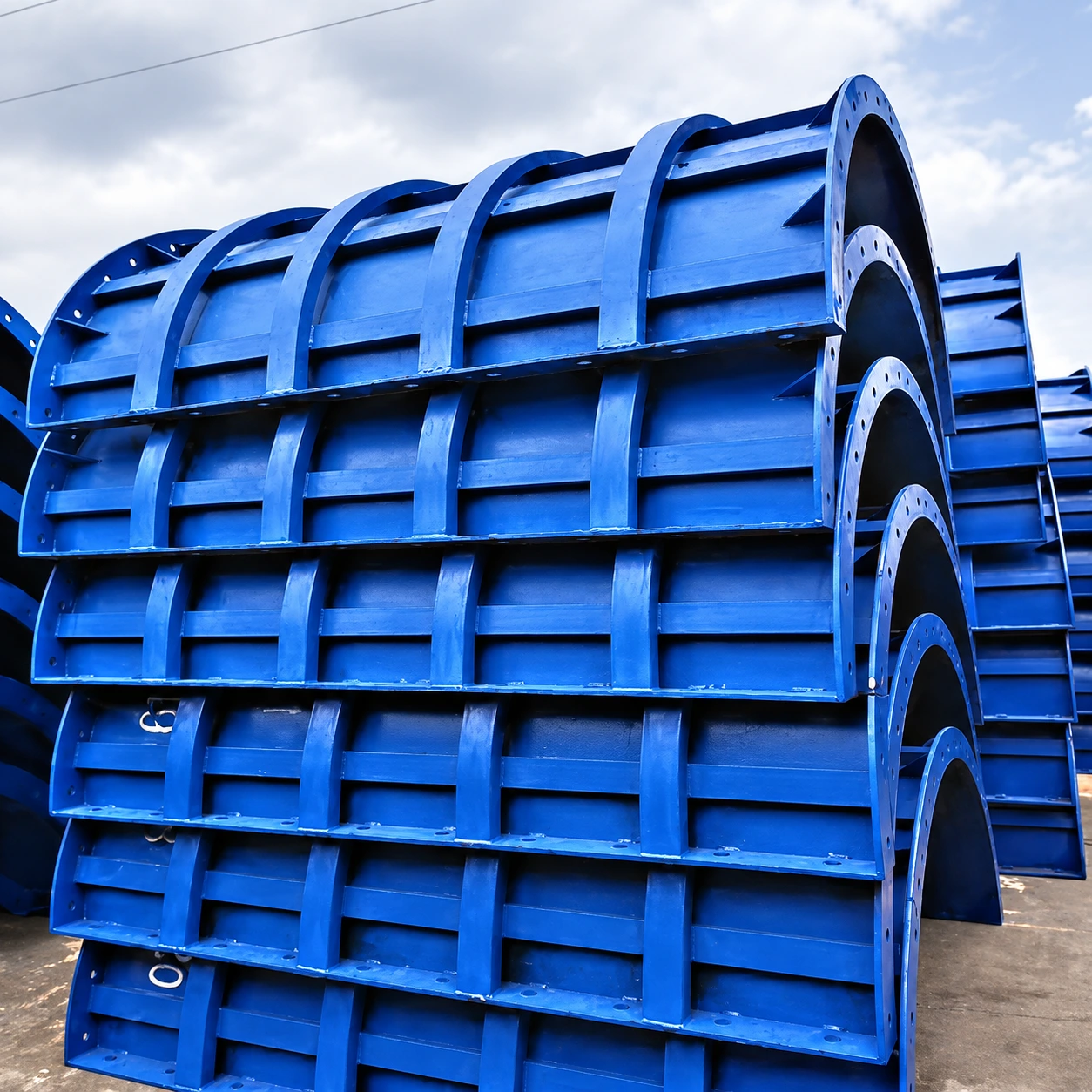 Blue curved steel formwork shells