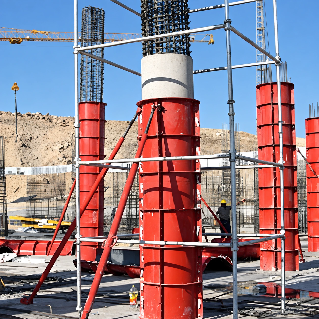 Red circular column forms with adjustable alignment props on site
