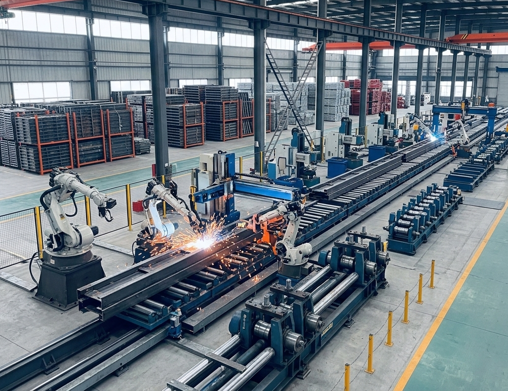 Advanced automated manufacturing workshop with robotic arms welding steel scaffolding and props in source factory