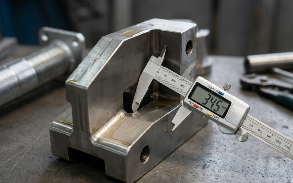 Precision quality control measuring critical scaffolding components with digital caliper for custom engineering standard