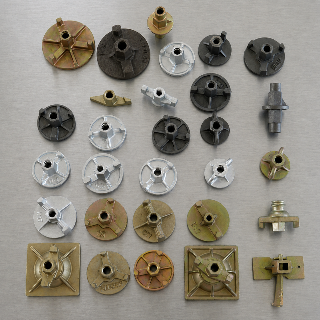 Full range of high strength shoring props and construction scaffolding accessories including couplers, heavy duty wing nuts, and pins
